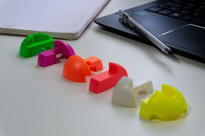 High angle view of text on table