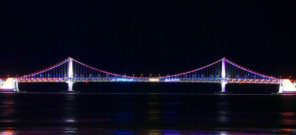 Illuminated bridge over river at night