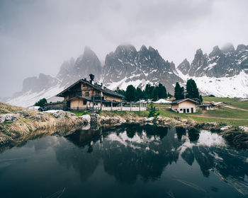 Houses by lake and buildings against sky