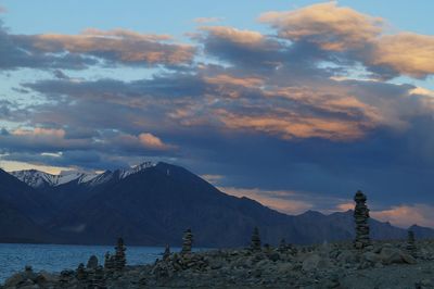 Scenic view of mountains against sky during sunset