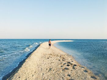 Rear view of man walking at beach against clear sky