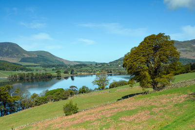 Scenic view of lake by mountains against sky