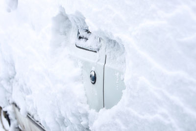 Close-up of snow covered car
