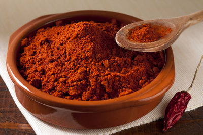 High angle view of spices in container on table
