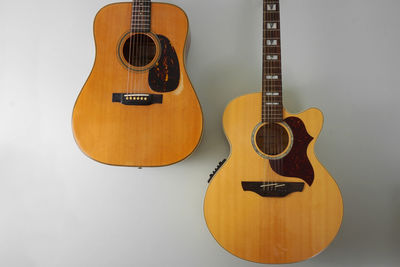 Close-up of guitars hanging on wall