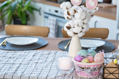 Close-up of christmas decorations on table