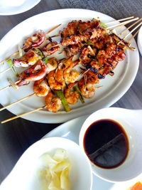 High angle view of meal served on table