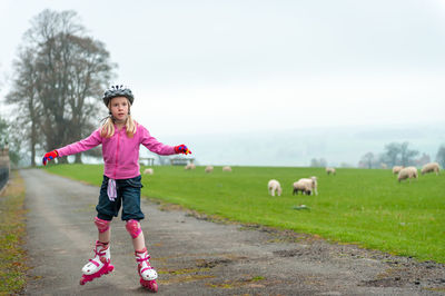 Young girl roller skating past a field of sheep