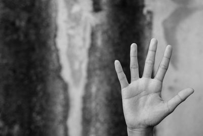 Cropped hand gesturing against old wall