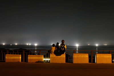 Rear view of family sitting on seat against sea at night