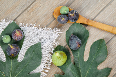 High angle view of fruits and leaves on table