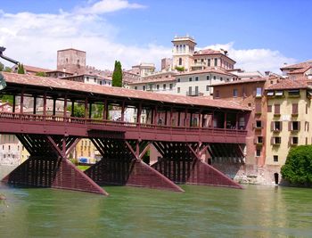 Bridge over river by houses against sky