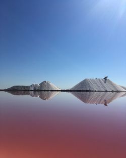 Salt farm at lake against clear sky