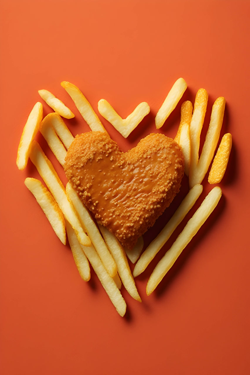 food, food and drink, studio shot, colored background, fast food, unhealthy eating, french fries, red background, snack, indoors, love, positive emotion, heart shape, fried, raw potato, junk food, red, no people, emotion, freshness, cut out, take out food, meal, condiment