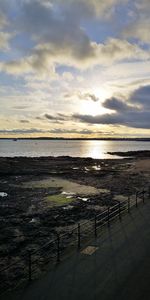 Scenic view of beach against sky during sunset