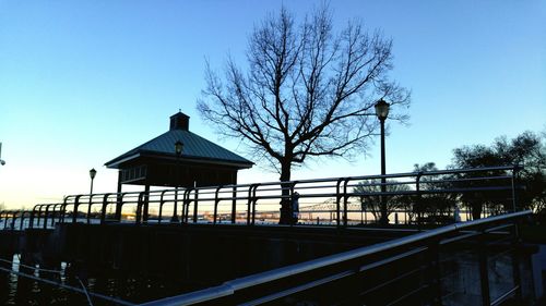 Bare trees against sky at sunset
