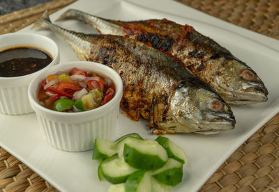 High angle view of fish served in plate