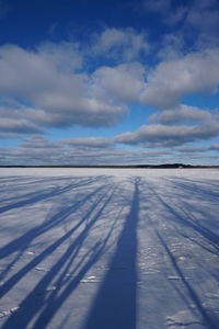 Snow covered land against sky