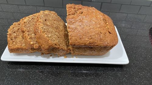 High angle view of bread in plate on table