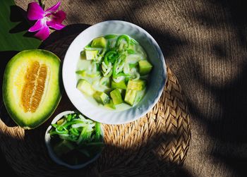 High angle view of salad in bowl on table