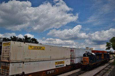 Train on railroad tracks against sky