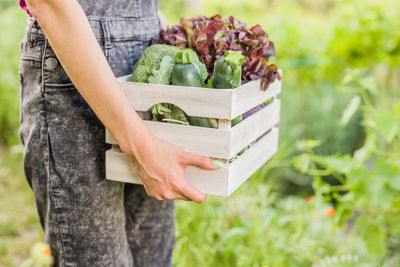 Midsection of woman holding crate