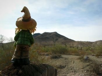 Rear view of man standing on mountain against sky