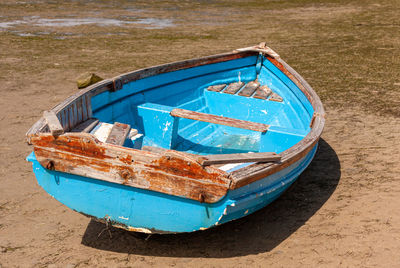 High angle view of boats moored on shore