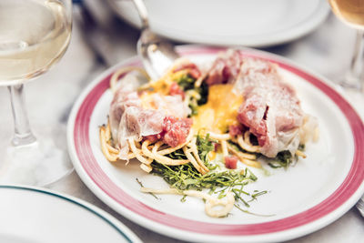 High angle view of meal served on table