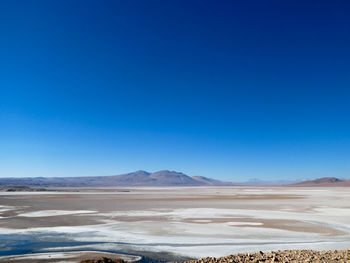 Scenic view of desert against clear blue sky