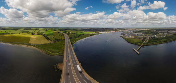A panoramic aerial view of the orwell bridge spanning the river orwell near ipswich, suffolk, uk