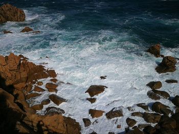 High angle view of rocks on sea shore