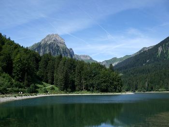 Scenic view of lake by trees against sky