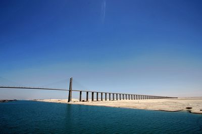 Suspension bridge over sea against blue sky