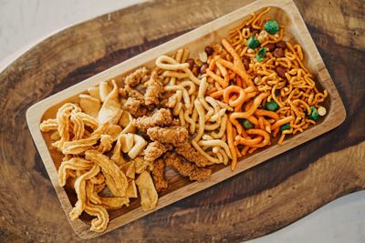 High angle view of meal served on table