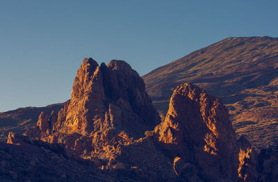 Scenic view of rocky mountains against clear sky