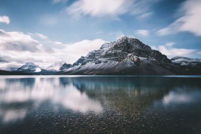 Scenic view of calm lake against snowcapped mountains