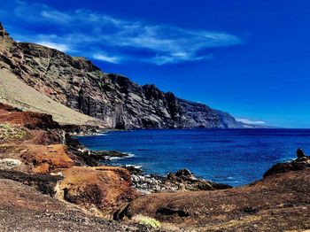 Scenic view of sea and mountains against blue sky