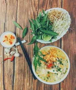 High angle view of meal served on table