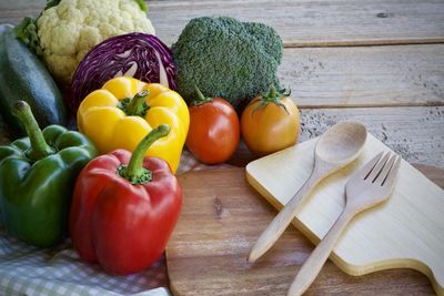 High angle view of fruits and vegetables on table