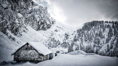 Scenic view of snow covered mountains against sky