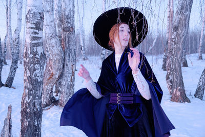 Close-up of woman wearing hat during winter