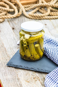 High angle view of drink on table