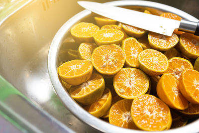 High angle view of fruits in bowl on table