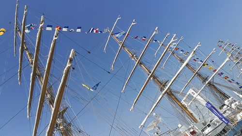 Low angle view of sailboat against clear blue sky