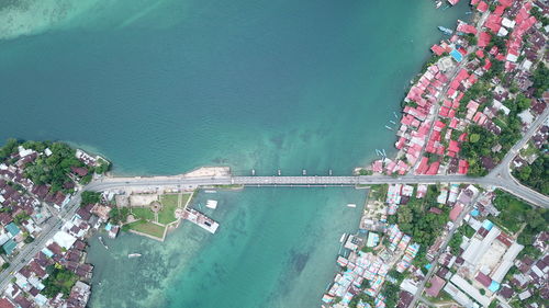 High angle view of trees by sea in city