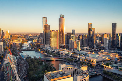 Panorama city melbourne from high point. australia. photo of skyscrapers before sunset from a drone.
