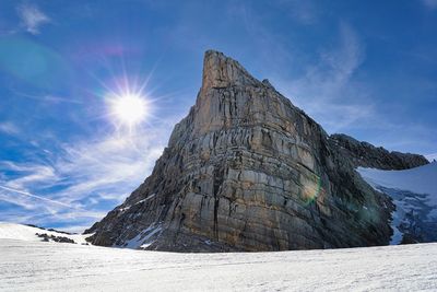 Low angle view of snow covered mountain against sky