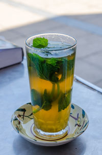 Close-up of traditional moroccan mint tea on table