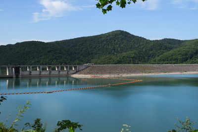 Scenic view of lake by mountains against sky